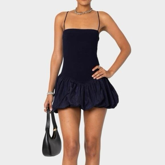 Edikted Ribbed Bubble Skirt Mini Dress in Navy Blue - Picture 1 of 8